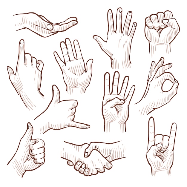 Strichzeichnungsgekritzelhände, die allgemeine Zeichen zeigen, vector Sammlung. Gestikulieren Sie Hand für Kommunikation, Illustration des Skizzierens der Hände