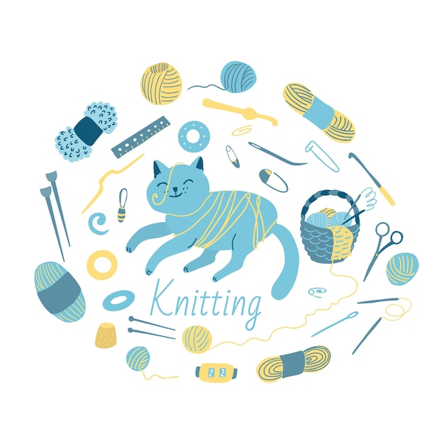 Strickwerkzeugset mit geschnittener Katze