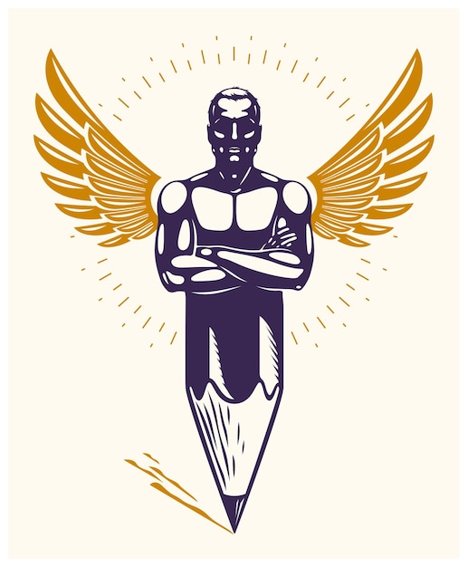 Strongman-muskelmann kombiniert mit bleistift und flügeln zu einem symbol, starkem designkonzept, allegorie der kreativen kraft, vektor-perfektem logo oder symbol im klassischen stil.
