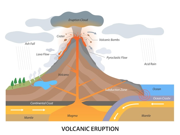 Struktur des vulkanausbruchs mit geologischer seitenansicht