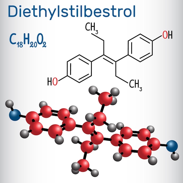 Strukturchemische Formel und Molekülmodell von Diethylstilbestrol DES