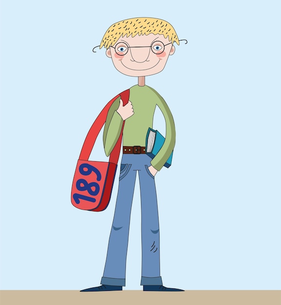 Vektor student mit brille hält eine tasche und ein buch