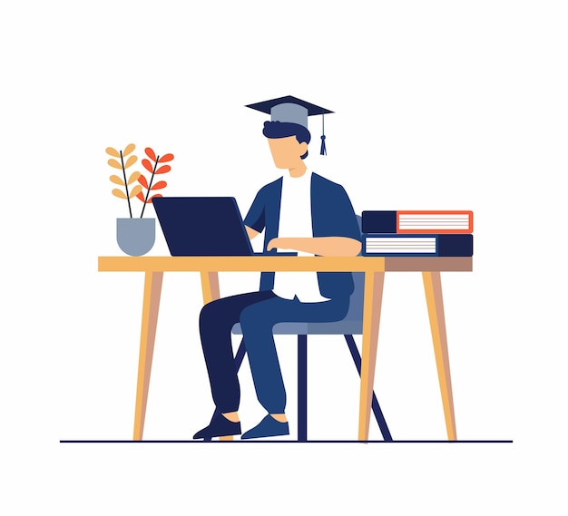 Vektor student mit laptop mit abschluss leiter online-bildung konzept flache illustration