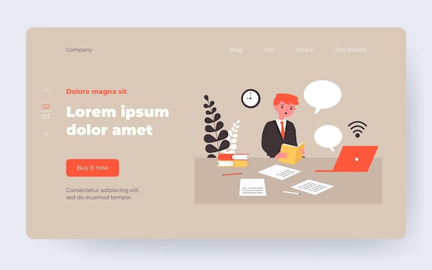 Studentenjunge, der online studiert. Schüler, Buch, Computer, flache Vektorillustration der Sprechblase. Fernlernen, Homeschooling-Konzept für Banner, Website-Design oder Landing-Webseite