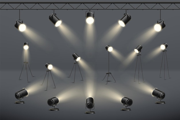Studio-Beleuchtung, Bühnen-Spots, 3D-Lampen, Konzert- oder Filmgeräte, Foto-Spotsleuchten, hängende und stehende, realistische Video-Szene-Effekte, Projektorbeleuchtung Vektorillustrationsdesign