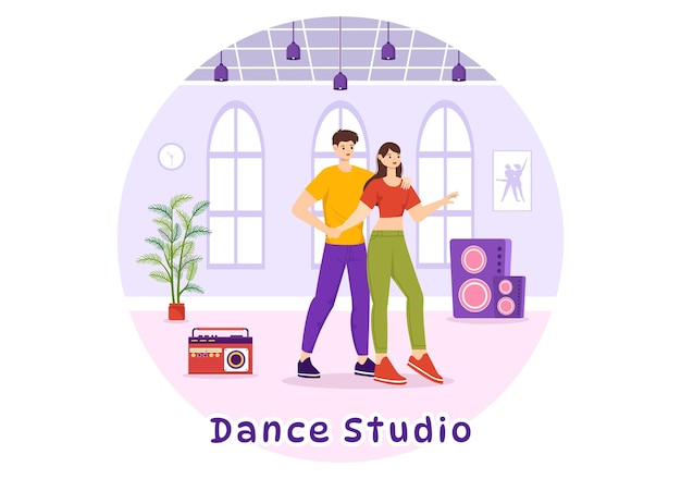 Studio-tanzvektorillustration mit tanzenden paaren, die unter musikbegleitung auftreten