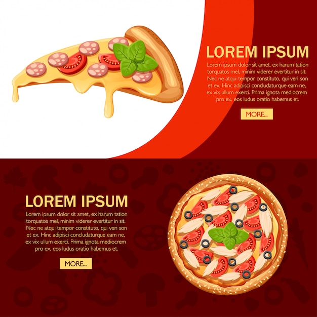 Stück Pizza und Pizza. Flaches Design. Konzept für Menü von Pizzeria, Café, Restaurant. Website-Design und Werbung. Illustration auf strukturiertem Hintergrund.