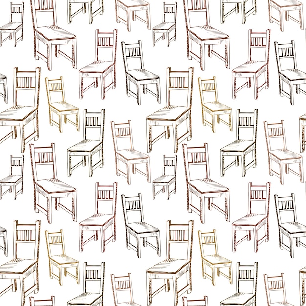 Stühle muster. handgezeichnete braune stühle auf weißem hintergrund. doodle von möbeln. nahtloser vektorhintergrund.