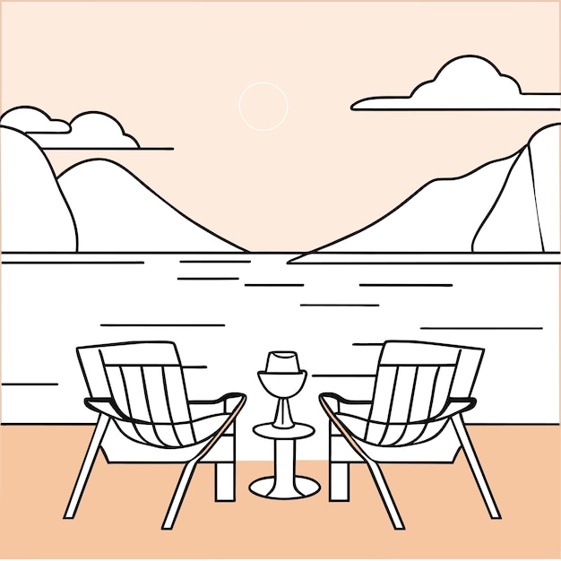 Stühle und Cocktail auf der Terrasse am Meer oder See mit Bergen am Horizont, Sommer-Strandurlaubslandschaft