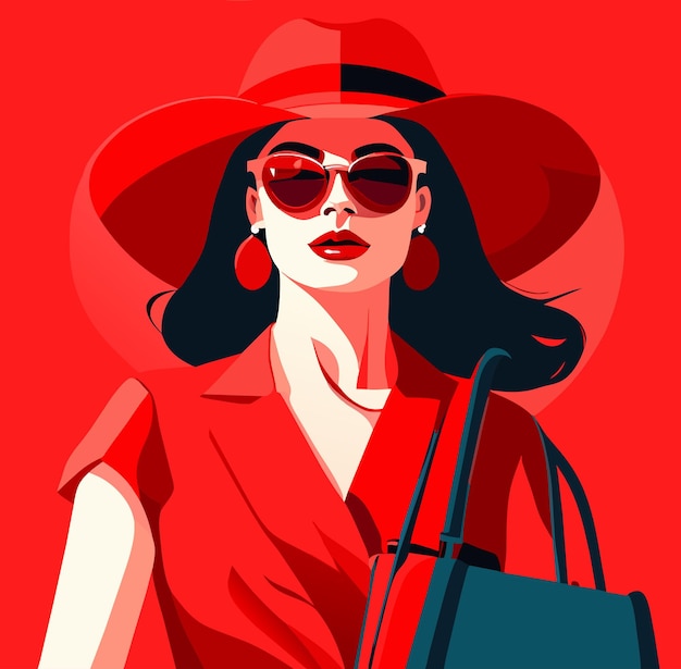 Stylische dame in rotem kleid mit brille hut und handtasche vektorkunst