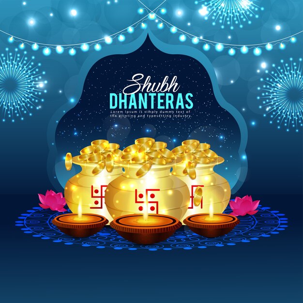 Subh Dhanteras kreativer Hintergrund mit Diya und Topf