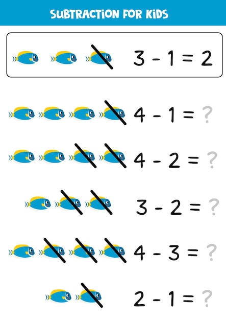 Subtraktion mit niedlichem blauen tang-fisch. mathe-lernspiel für kinder