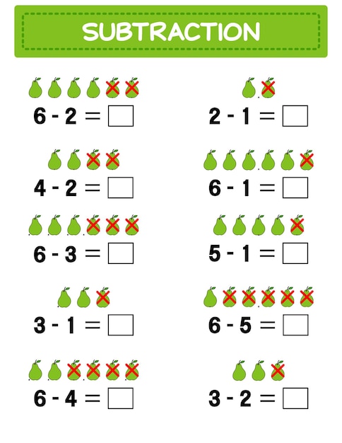 Subtraktions-Mathe-Arbeitsblatt für Kinder Entwicklung von Rechenfähigkeiten Lösen Sie Beispiele und schreiben Sie Mathematik-VektorillustrationPädagogisches Mathe-Kinderspiel Subtraktion für Kinder