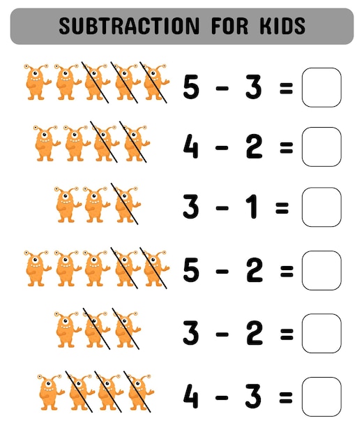 Subtraktionsspiel für Kinder mit niedlichen Monstern Übereinstimmungsspiel Druckbares Arbeitsblattdesign Mathematiklernen
