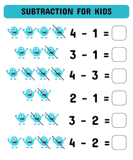 Subtraktionsspiel für Kinder mit niedlichen Monstern Bildungsmatematikspiel Druckbares Arbeitsblattdesign