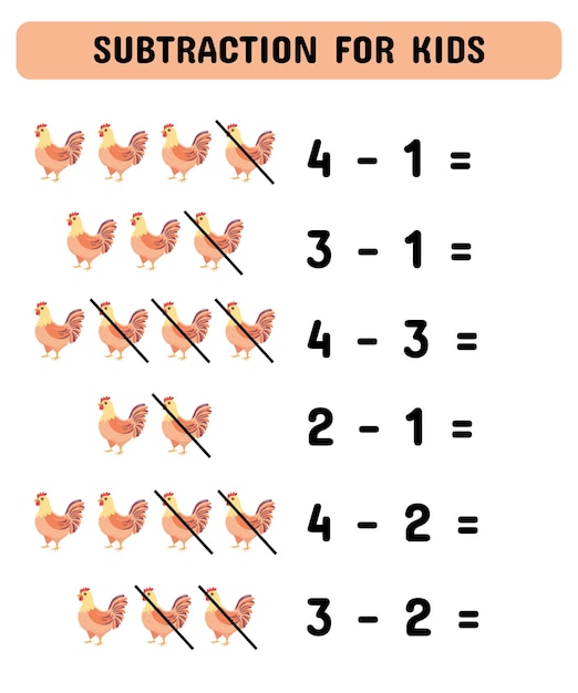 Subtraktionsspiel mit Hühnern Pädagogisches Mathematikspiel für Vorschulkinder Kindergarten