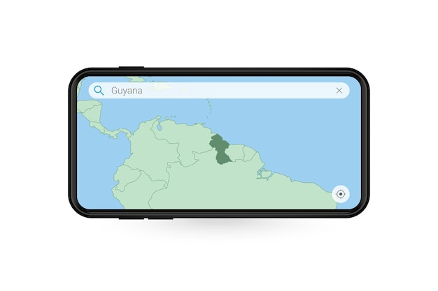 Suche karte von guyana in smartphone-kartenanwendung. karte von guyana im handy.