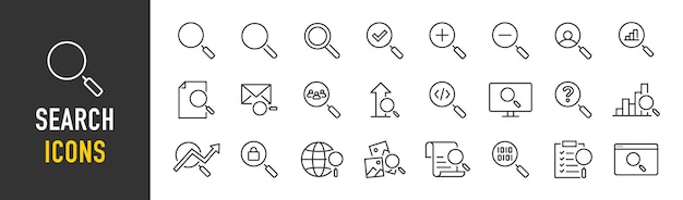 Suche nach Web-Symbolen im Linienstil Vergrößerungsglas Web-Suche finden Dokument-Schnittstellen-Sammlung Vektor-Illustration