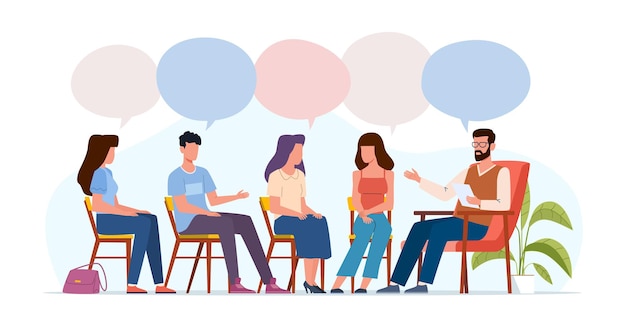 Suchtbehandlungskonzept. Gruppentherapie, Menschenberatung mit Psychologen, Personen in Psychotherapeutensitzungen, Gemeinschaft für psychische Gesundheit, Vektor-Männer und -Frauen mit Sprechblasen bei der Konsultation