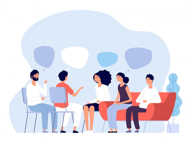 Suchtbehandlungskonzept. Gruppentherapie, Personenberatung mit Psychologen, Personen in Psychotherapiesitzungen. Vektorbild