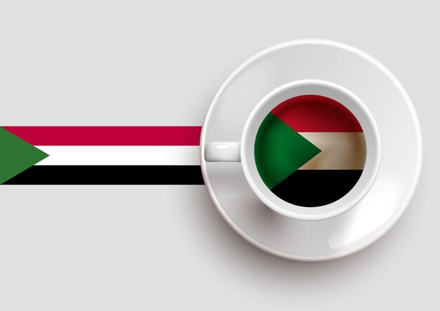 Sudan-flagge mit kaffee auf draufsichtvektorillustration