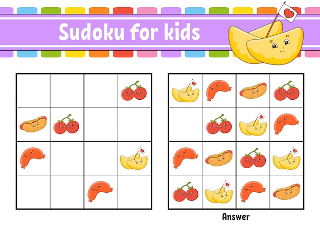 Sudoku für kinder. arbeitsblatt zur bildungsentwicklung. zeichentrickfigur. farbaktivitätsseite.