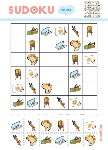 Sudoku für kinder-bildungsspiel cartoon-objekte zum zeichnen verwenden sie schere und kleber