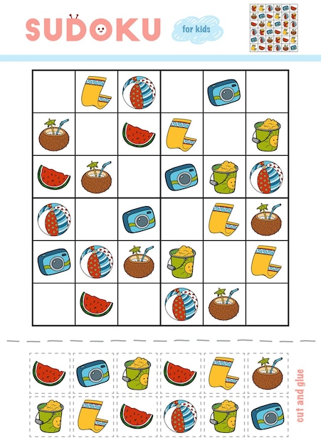 Sudoku für kinder-bildungsspiel cartoon-set von objekten für den urlaub verwenden sie schere und kleber