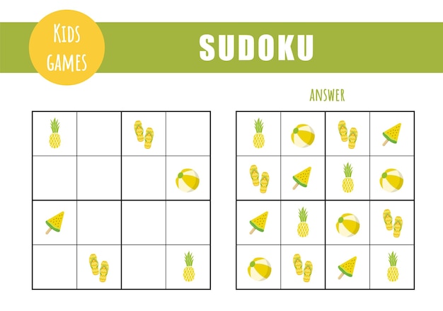 Vektor sudoku für kinder kinderaktivitätsblatt puzzlespiel mit sommerelementen