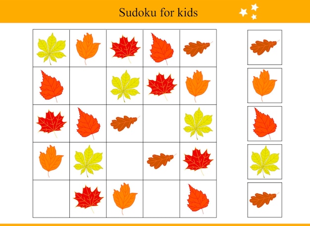 Sudoku für kinder mit blättern. herbst-vektor-illustration. lernspiel für kinder