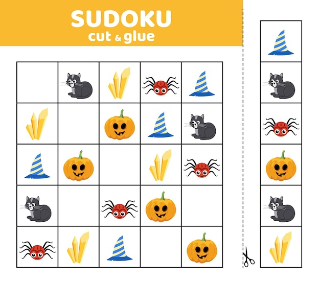 Vektor sudoku für kinder mit katze, hut, spinne, magischer kristall, kürbis, halloween-sudoku-spiel, schneiden und kleben, cartoon