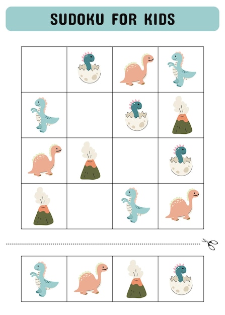 Sudoku für Kinder mit niedlichen Dinosauriern Ein Logikspiel für Vorschulkinder Druckbares Blatt