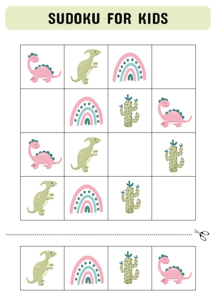 Sudoku für Kinder mit niedlichen Dinosauriern Ein Logikspiel für Vorschulkinder Druckbares Blatt