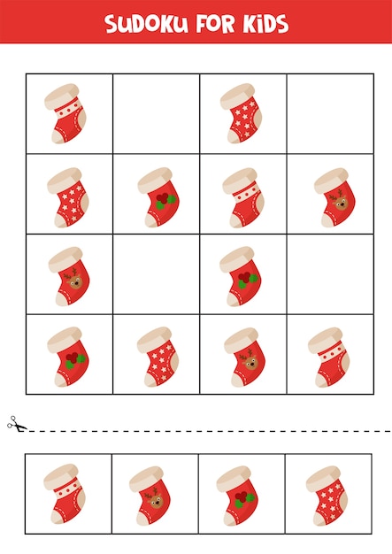 Sudoku für kinder mit weihnachtssocken. pädagogisches logisches spiel für kinder.