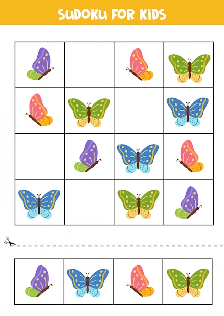 Sudoku für kinder. niedliche fliegende bunte schmetterlinge.