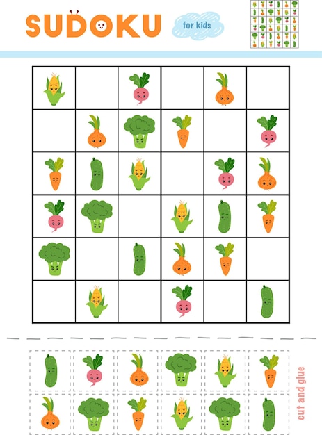 Sudoku für Kindererziehungsspiel Set aus süßem Gemüse mit lustigen Gesichtern