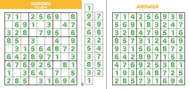 Sudoku mit neun grünen blumigen zahlen puzzle-spiel für kinder schneiden und kleben doodle