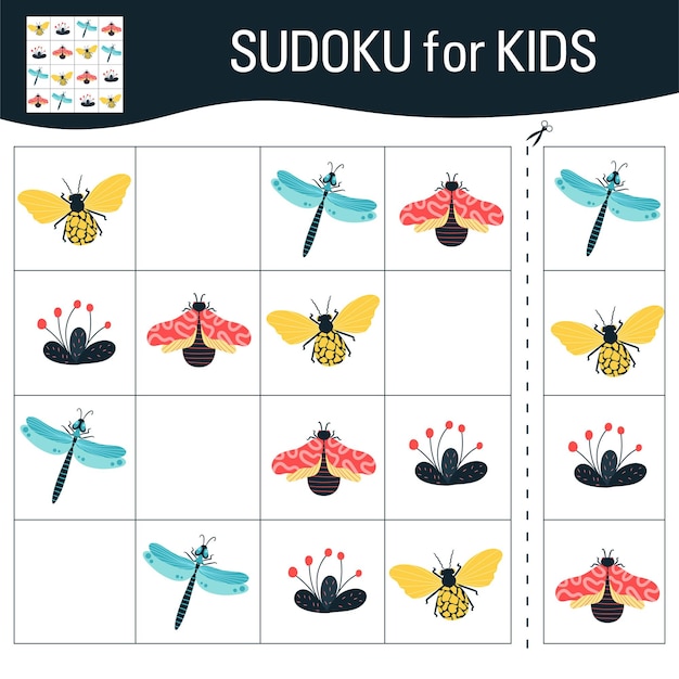 Sudoku-spiel für kinder mit bildern. cartoon-schmetterlinge, insekten und elemente der natur. vektor.