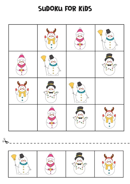 Sudoku-spiel für kinder mit niedlichen cartoon-schneemännern.