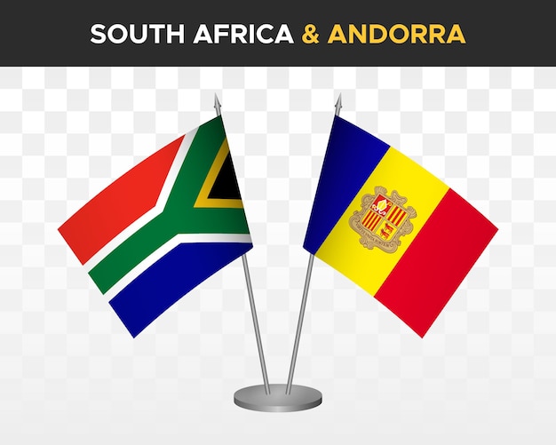 Südafrika vs andorra tischflaggen mockup isolierte 3d-vektorillustration tischflaggen