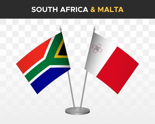 Südafrika vs malta tischflaggen mockup isolierte 3d-vektorillustration tischflaggen