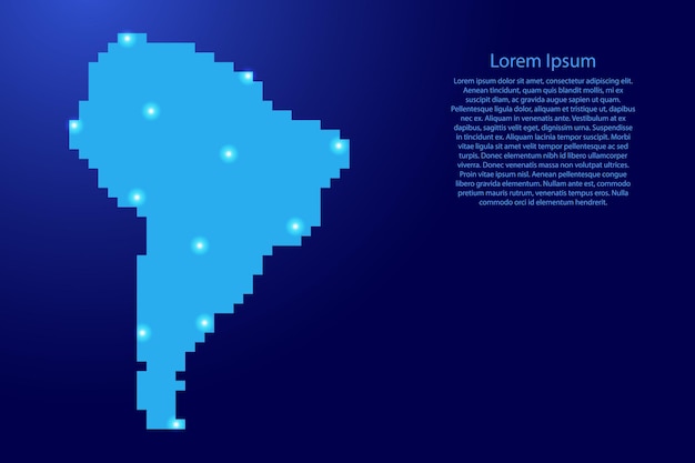 Südamerika-kartensilhouette aus blauen quadratischen pixeln und leuchtenden sternen. vektor-illustration.
