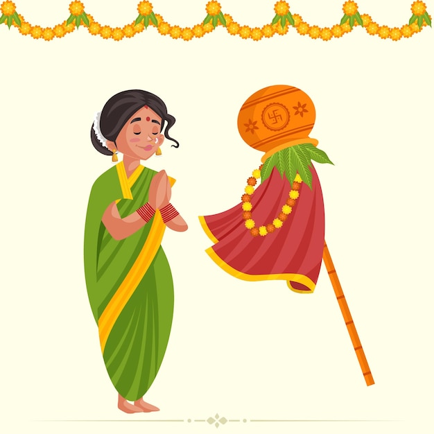 Südindische karikaturfrau, die auf ugadi und gudi padwa verehrt