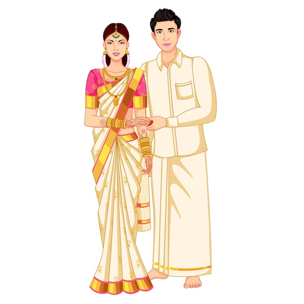 Südindisches Hochzeitspaar, das Seiden-Saree und Veshti trägt