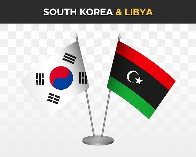 Südkorea vs libyen schreibtischfahnen mockup isolierte 3d-vektorillustration tischfahnen