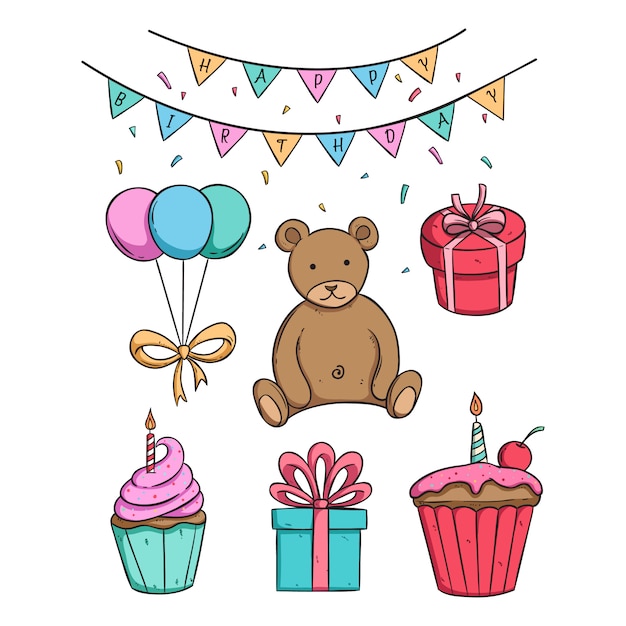 Süße bärenpuppe in geburtstagsfeier mit cupcake und geschenkbox