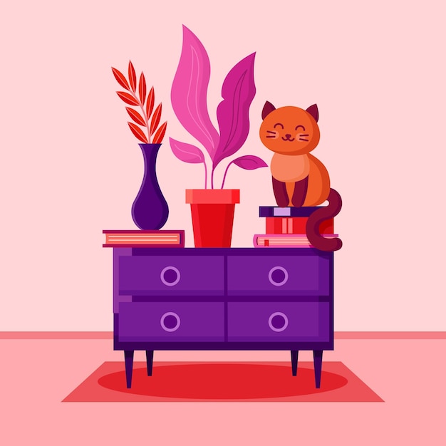 Süße braune Katze sitzt auf einer Truhe unter einer Lampe Wohnzimmereinrichtung mit tierischer Vektorgrafik