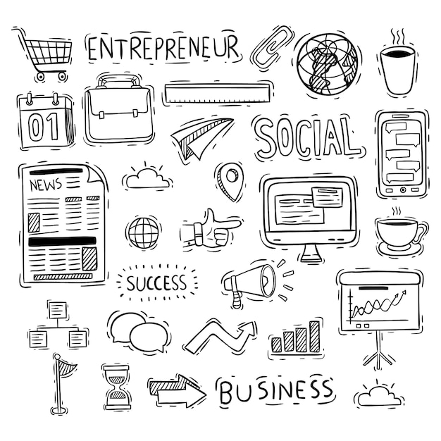 Süße business icons sammlung mit doodle-stil