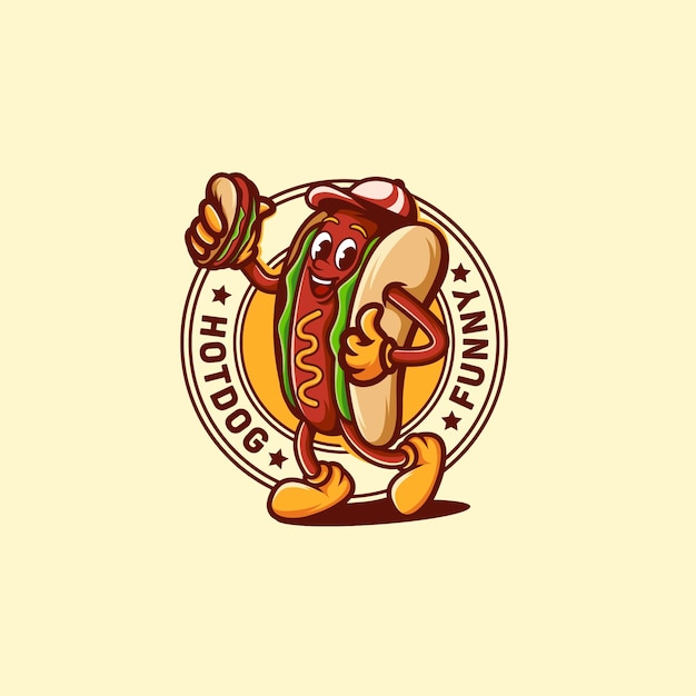 Vektor süße cartoon-hotdog-essen-hotdog-retro-stil-fast-food-maskottchen logo-design-vorlage