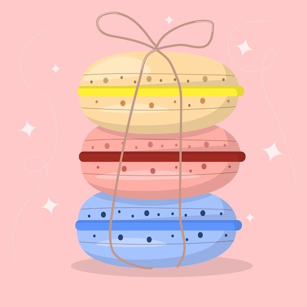 Süße Dessert-Macarons, eingewickelt in Band. Gemütliche Bäckerei-Illustration für Café-Dekoration, Grußauto
